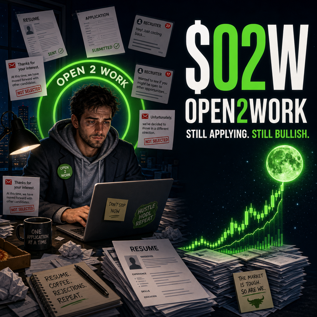 OPEN2WORK $O2W meme coin banner with job seeker, resumes, rejection emails, and crypto chart